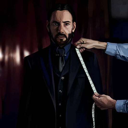 keanu reeves as john wick in a black three piece suit getting measured
