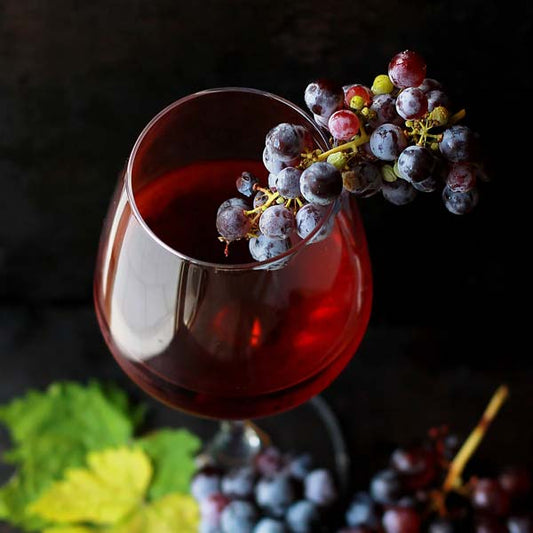 glass of red wine with grapes