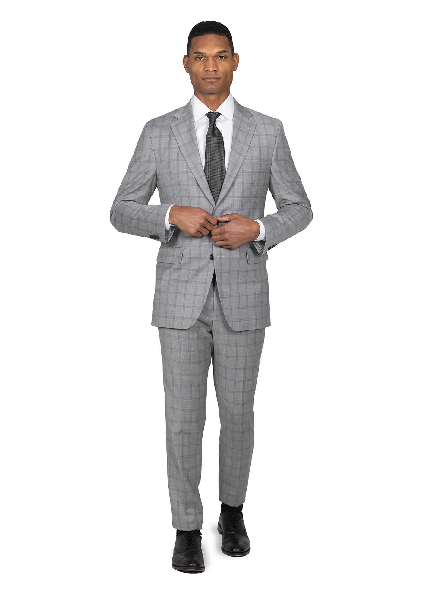 strapless open back dress Grey & Purple Windowpane Custom Suit – Black Lapel