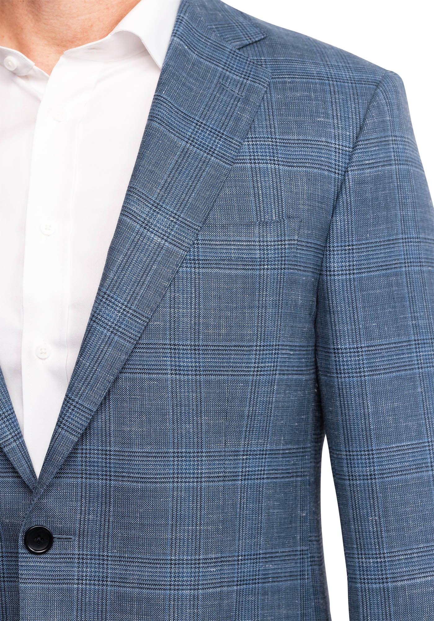 Blue Glen Plaid Wool Silk Linen Custom Blazer – Black Lapel