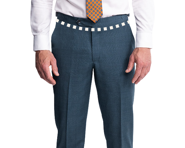 Person wearing blue dress pants with a white shirt and brown shoes on a white background