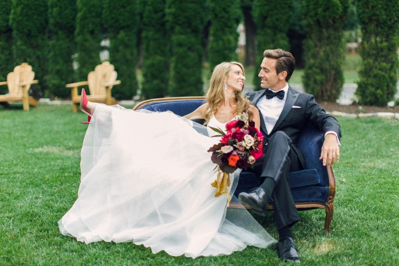 custom wedding tux on sofa