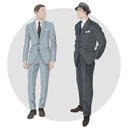 two men wearing flat front and pleated pants