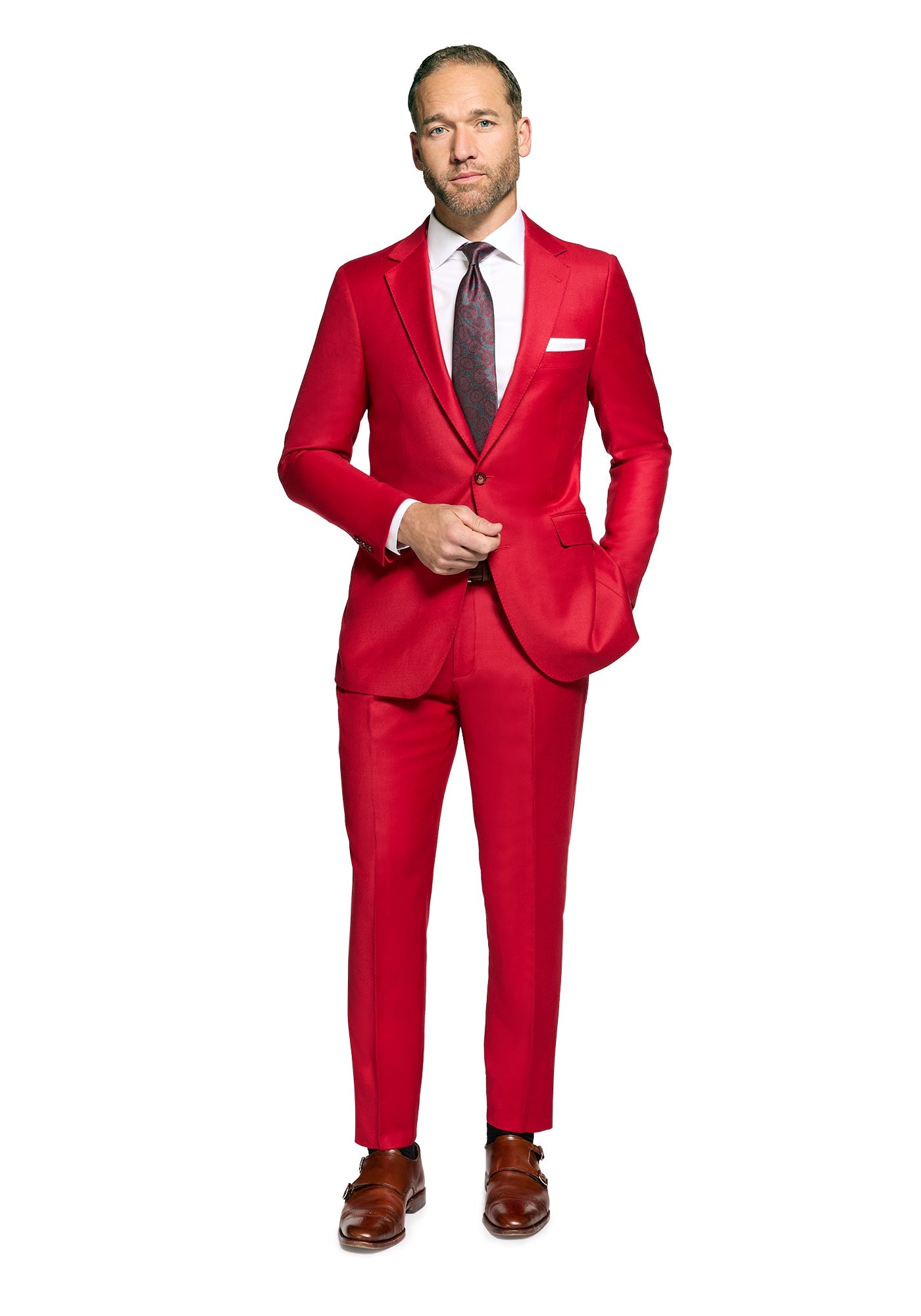 ✨SUIT SELECT オーダースーツ Red Party 定価11万円‼︎✨ Ramone Slim Fit Red Floral Jacquard Suit