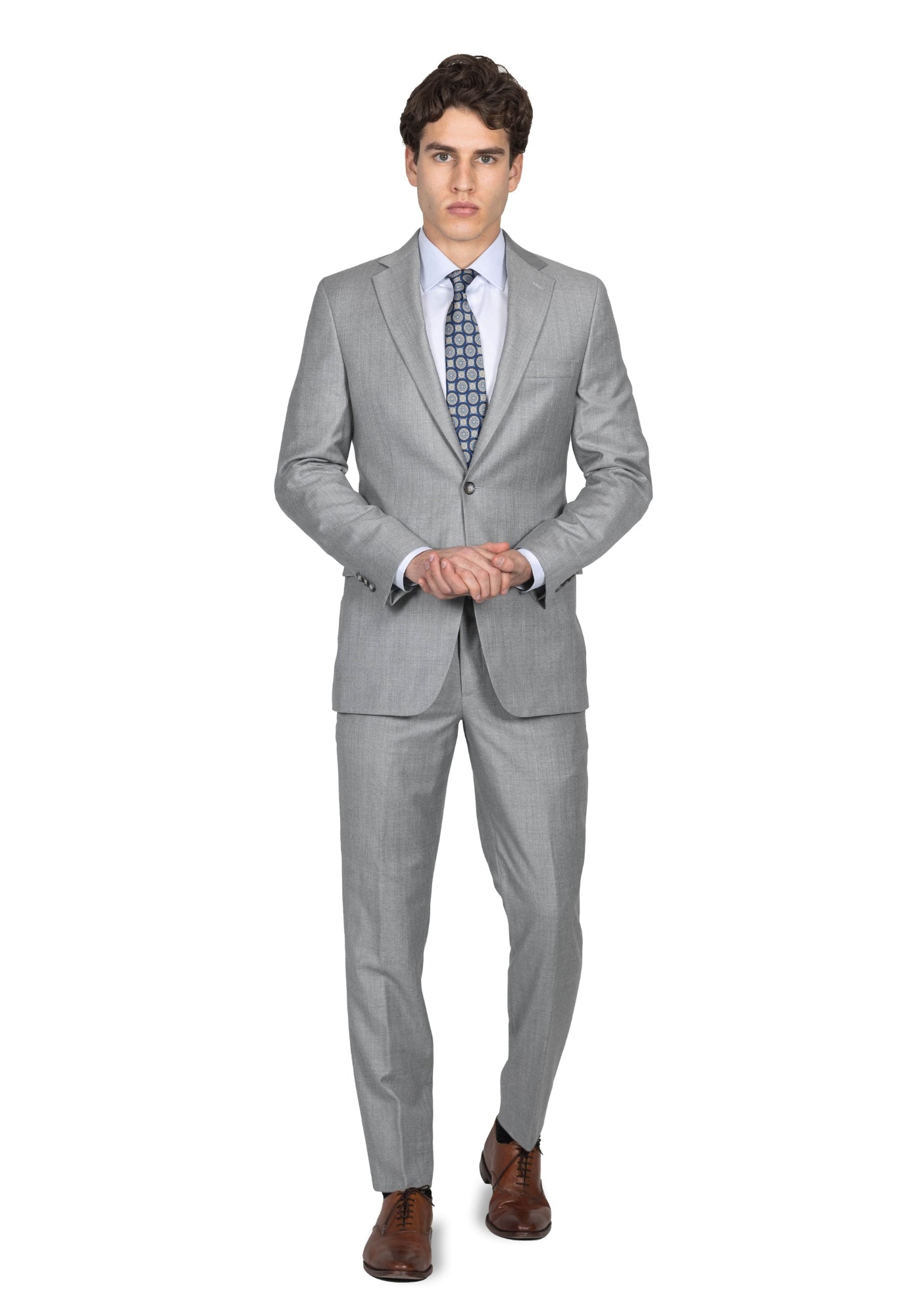 light grey suit with black dress Tom Hiddleston wearing Grey Wool Blazer, White Dress Shirt, Black Dress Pants, Black Leather Oxford Shoes