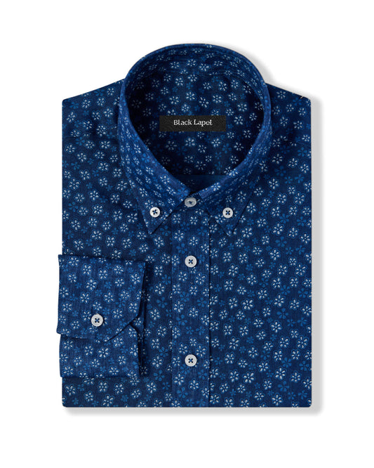 Retro Navy Floral Print Dress Shirt 1