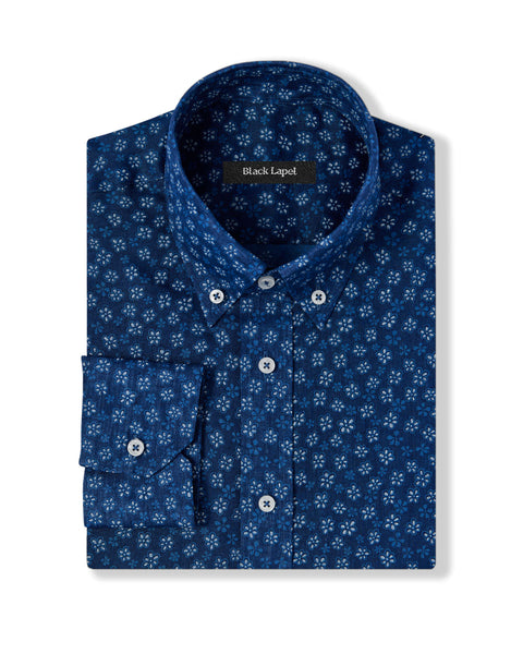 Retro Navy Floral Print Custom Dress Shirt