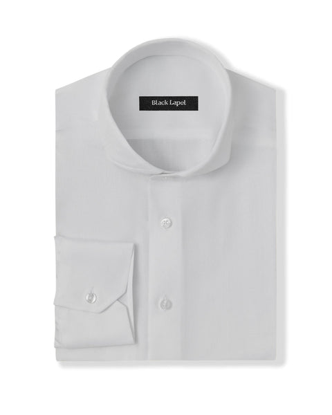 Easy-Care White Herringbone Dot Custom Dress Shirt – Black Lapel
