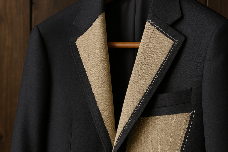 Black blazer with exposed canvassing on a wooden hanger against a dark wooden background