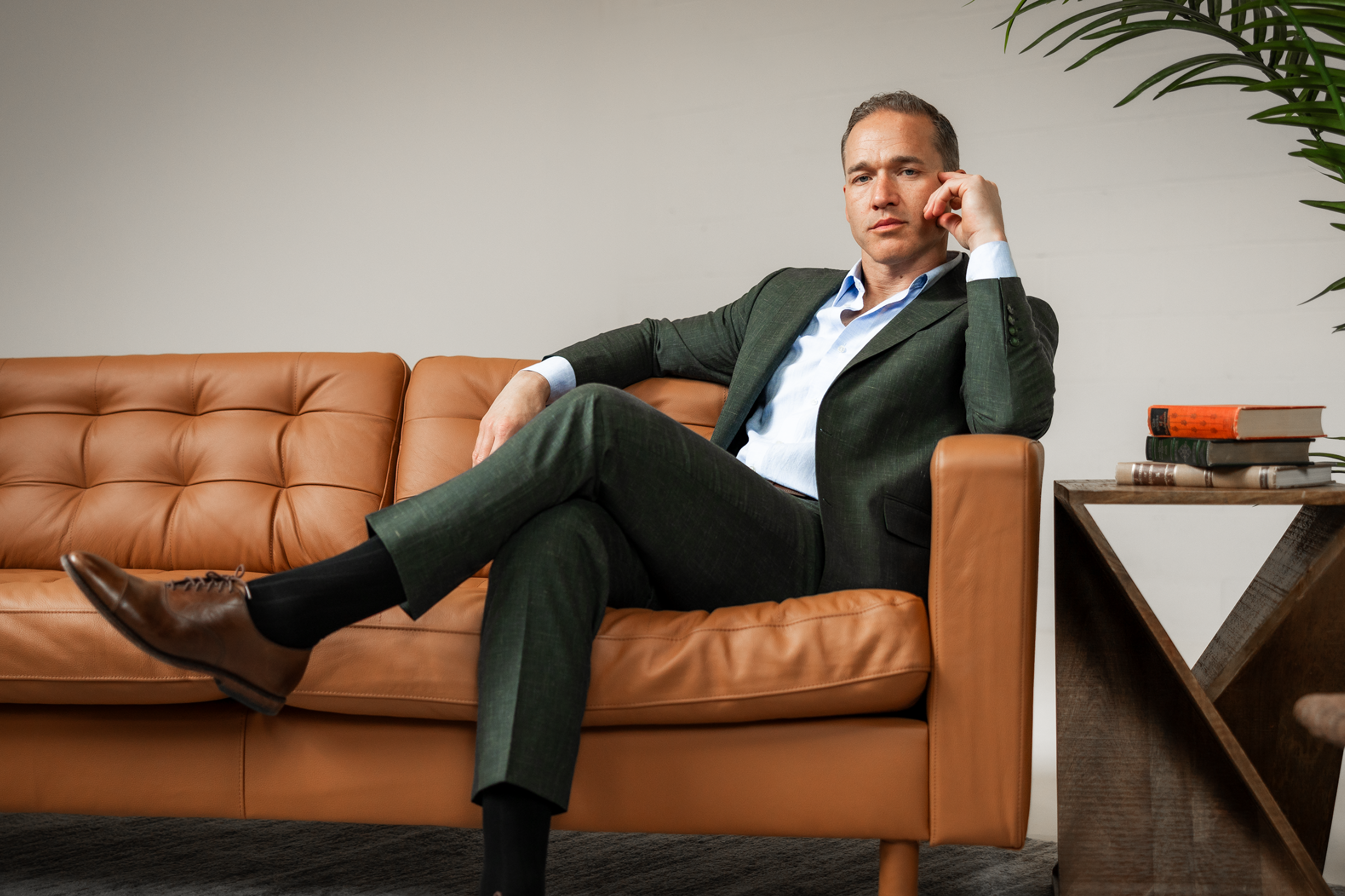 home page banner green wool silk linen suit